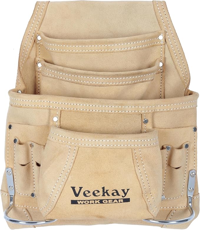 VEEKAY 10 Pockets Men Suede Leather Tool Pouch Beige and Brown Color Bags Fastener Carpenter's Nail & Tool Bag Heavy Duty Steel Hammer Loop, Belt Loop for Electrician Technician Installers