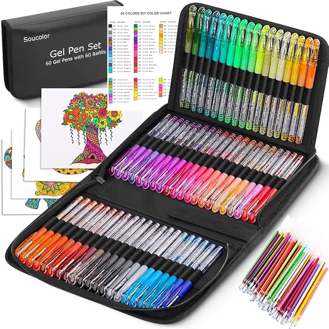 Soucolor 120 Pack Gel Pen 60 Glitter & 60 Refillss by Soucolor