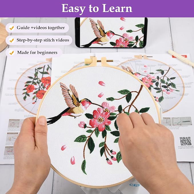 Embroidery Kit for Beginners, 3 Pack Hummingbird and Flower Cross Stitch Kits - Image 3