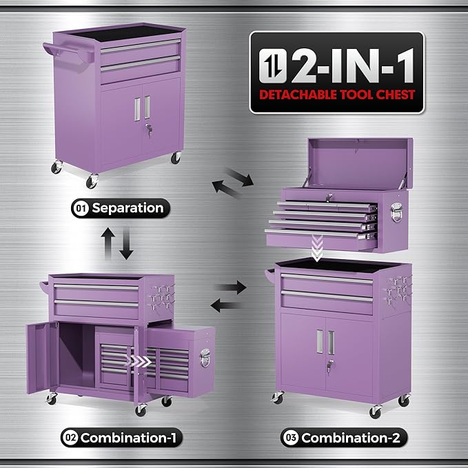 INTERGREAT Tool Chest, Assembled 8-Drawers Rolling Tool Chest with Wheels, Detachable Top Tool Box, Tool Cabinet for Repair Room,Warehouse, Rolling Tool Box with Hooks,Tray Divider,Liners(Purple)