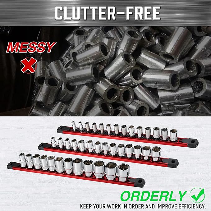 ALOANES 6-Piece Magnetic Socket Organizer, Heavy Duty Aluminum Socket Rails Organizer, 360° Swivel Clips Socket Holder Kit for Tool Box, 1/2, 3/8, 1/4-Inch Socket Holder x 80 Clips (Red)
