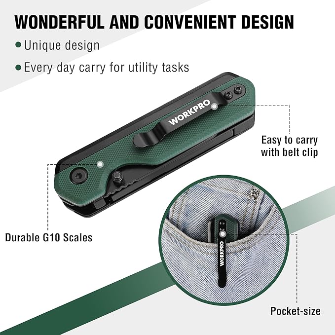 WORKPRO 2-in-1 Folding Knife/Utility Knife, Quick-Change Box Cutter with Belt Clip, Liner Lock, and G10 Handle, Extra 10 SK5 Blades Included, Green