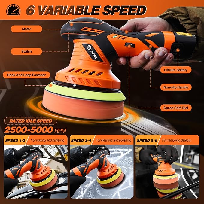 Saker Cordless Buffer Polisher, 6 Inch Fast Charging Portable Car Polishing Kit with 2PCS 12V 2000mAh Batteries, Polisher for Car Detailing Polishing Waxing