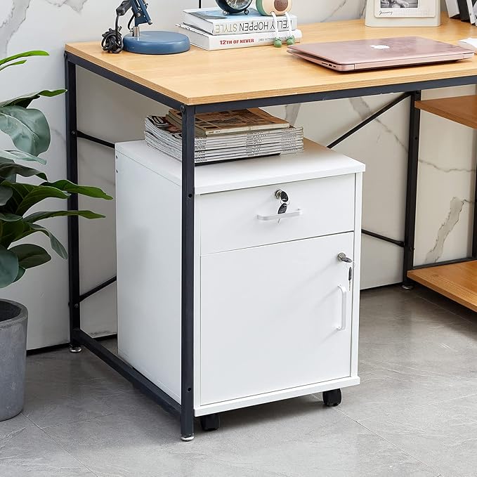 CLIPOP Rolling Storage Cabinet with Drawer, Home Office Cabinet with Lock, Under Desk Storage Cabinet for Home Office (White)