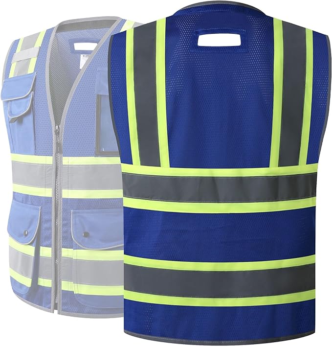 JKSafety 11 Pockets Hi-Vis Blue Mesh Safety Vest for Men Women High Visibility Reflective Construction with Zipper Work Utility PPE Work Gear ANSI/ISEA compliant (102-Blue M)