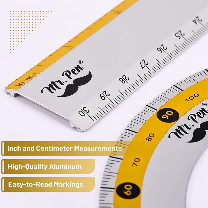 Mr. Pen- Metal Geometry Kit, 4 Pack, 45° & 30°/60° Set Squares | 6" Protractor - Image 3