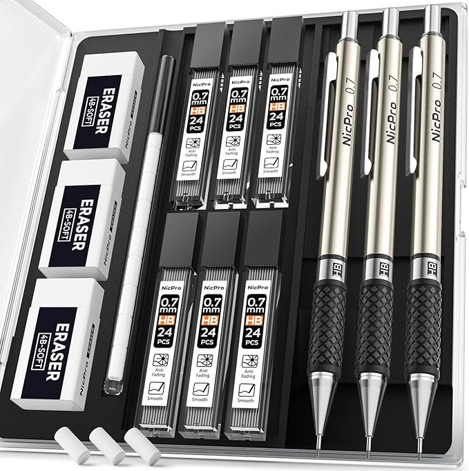 Nicpro 0.7 mm Art Mechanical Pencil Set in Storage Case, 3 Erasers by Nicpro