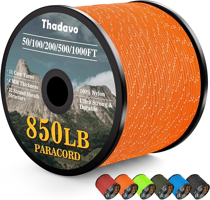 Reflective Paracord Rope 850Ib, 50/100/200/500/1000ft 4MM 11 Strand Strong Heavy-Duty Parachute Spool Cord, para Cord Lanyard for Clothsline, Hammock, Camping, Hiking, Survival, Orange 100FT