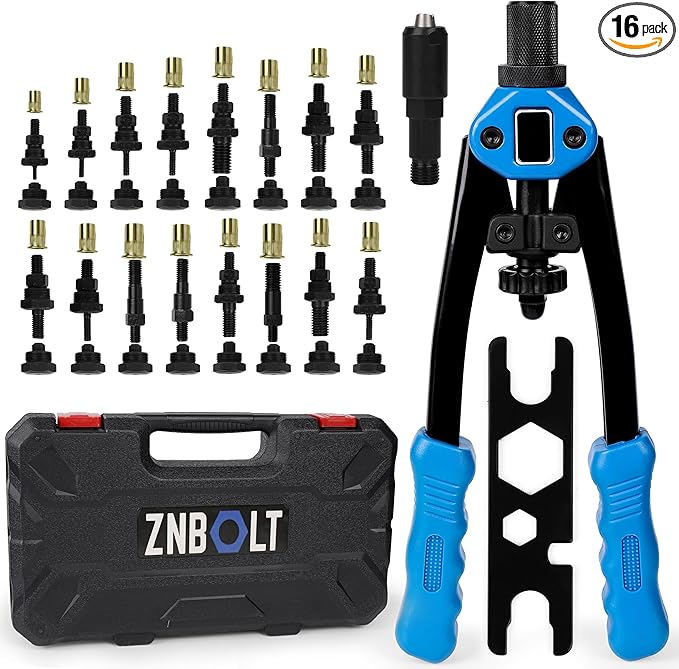 Dual Function Hand Rivet Gun with Rugged Carrying Case – Heavy Duty Single Hand Riveter with 400+ pcs Rivet Nuts, 15 Mandrels, 5 Rivet Nozzles, Blind Rivets for Plastic, Wood, Metal, Leather