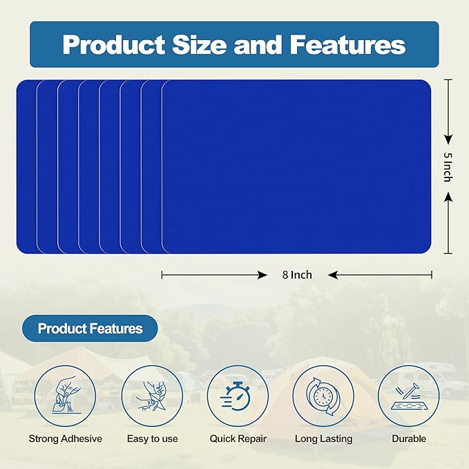 KING MOUNTAIN Self Adhesive Nylon Fabric Repair Patch, 5×8 Inches 8 Pcs, Quick Down Jacket Repair Patch, Waterproof Outdoor Gear Patch Kit for Tent,Backpacks,Umbrella, Gloves, Sleeping Bag (Blue