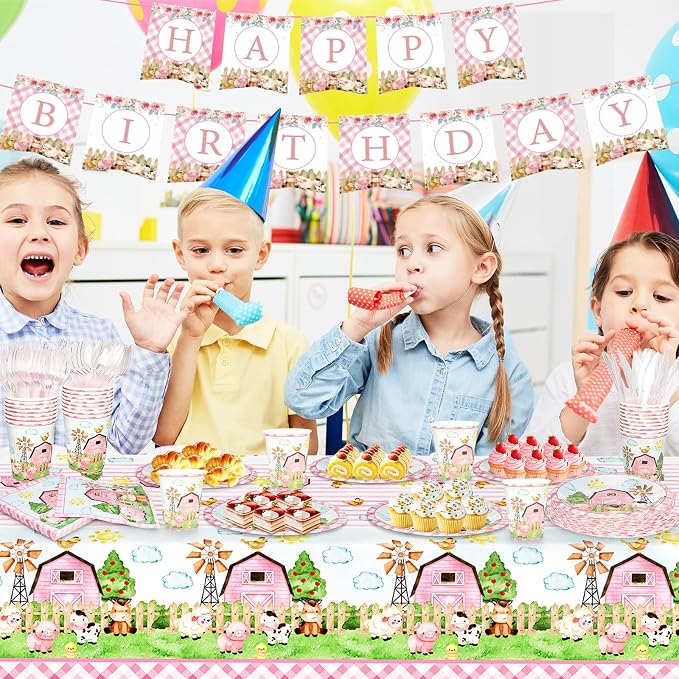 171 PCS Farm Animals Birthday Party Supplies, Disposable Pink Plates Napkins - Image 6