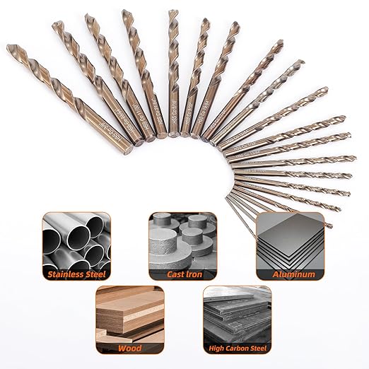 15Pcs Cobalt Drill Bit Set (1/16"-3/8"), M35 High Speed Steel, Twist Jobber Length for Hardened Metal, Stainless Steel, Cast Iron, Wood, and Plastics, with Index Storage Box