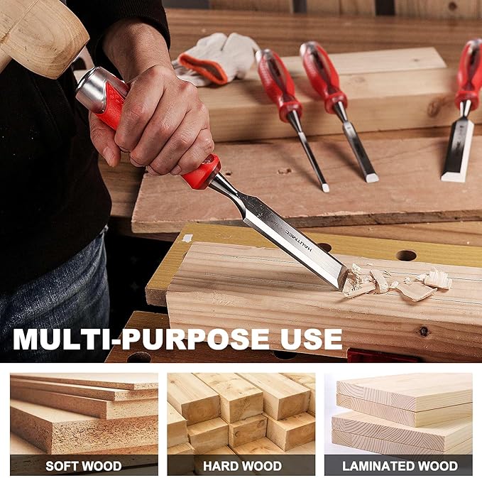 HAUTMEC 5-Piece Wood Chisel Set – High-Impact Drop-Forged CRV Steel, Fully Polished Beveled Edge Blades, Heavy-Duty Strike Cap & Extended Anti-Skid Handle – HT0365