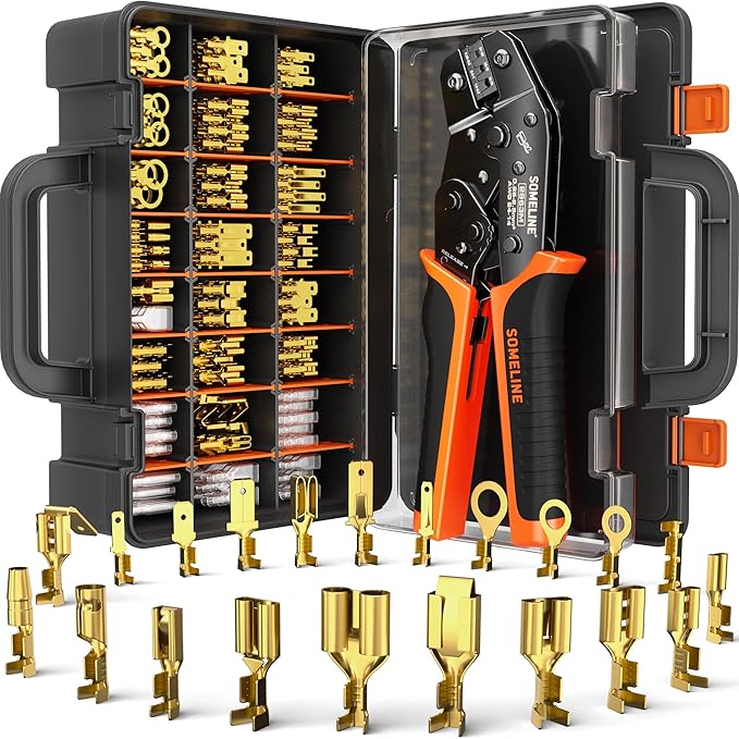 SOMELINE Spade Terminal Crimping Tool Kit AWG 24–14, 21 Types 2.8/3.9/4.8/6.3 mm Male & Female Quick Disconnect Non-Insulated Connectors – Open Barrel Crimping Tool