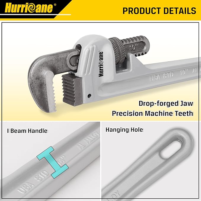 HURRICANE 3-Piece Aluminum Pipe Wrench Set,10", 14", 18", Heavy Duty Adjustable Plumbing Wrench Set, 40% Lighter, Wider Application Range