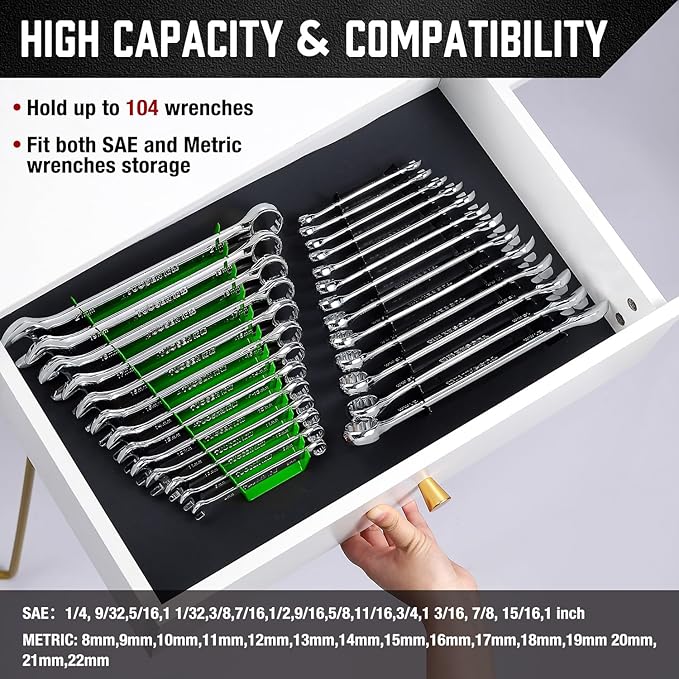 ALOANES 104-Slot Metal Wrench Organizer, Heavy Duty Wrench Organizer Tray for Tool Box, Fit SAE & Metric Wrench Storage, 8 Pack Wrench Holders(Green)