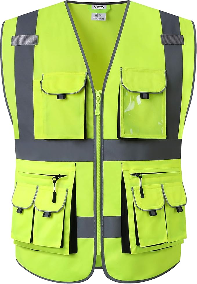JKSafety 10 Pockets Class 2 High Visibility Zipper Front Safety Vest Yellow with High Reflective Strips Meets ANSI/ISEA Standards (88-Yellow, Medium)