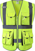 JKSafety 10 Pockets Class 2 High Visibility Zipper Front Safety Vest Yellow with High Reflective Strips Meets ANSI/ISEA Standards (88-Yellow, Medium)