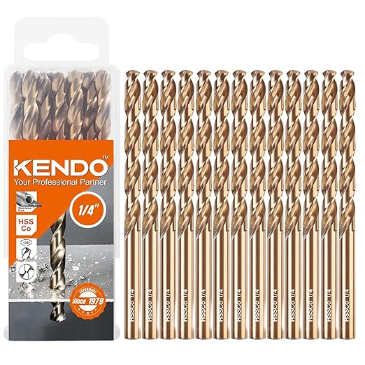 KENDO 1/4 Inch Cobalt Drill Bits (13pcs), M35 High Speed Steel, 135 Degree Tip, Jobber Length Twist Drill Bit Set for Hard Metal, Stainless Steel, Cast Iron, Wood and Plastic, with Storage Case