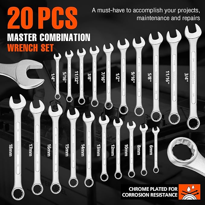 ValueMax Mechanics Wrench Set Metric and Standard, 20PCS Complete Combination Wrenches Roll Set. SAE 1/4" to 3/4", Metric 6mm to 18mm, Full Wrench Set with Roll up Pouch