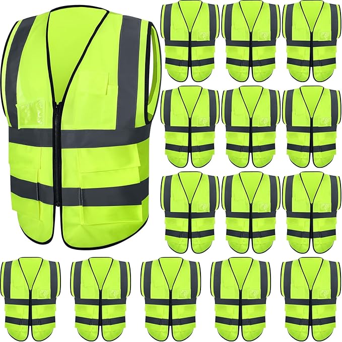 15 Pack Reflective Safety Vests with Pockets and Zipper Construction Work High Visibility Vest for Men Women(X-Large,Fluorescent Green)