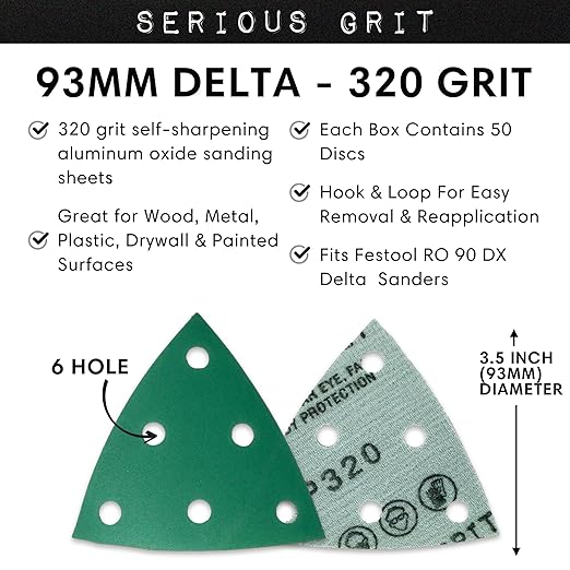 3.5" (93mm) 6-Hole 320 Grit Triangle Sanding Sheets - Fits Festool Rotex RO 90 Delta - Heavy-Duty Hook & Loop Film Disc Abrasives - Sandpaper for Detail Sanders - 50 Pack Box
