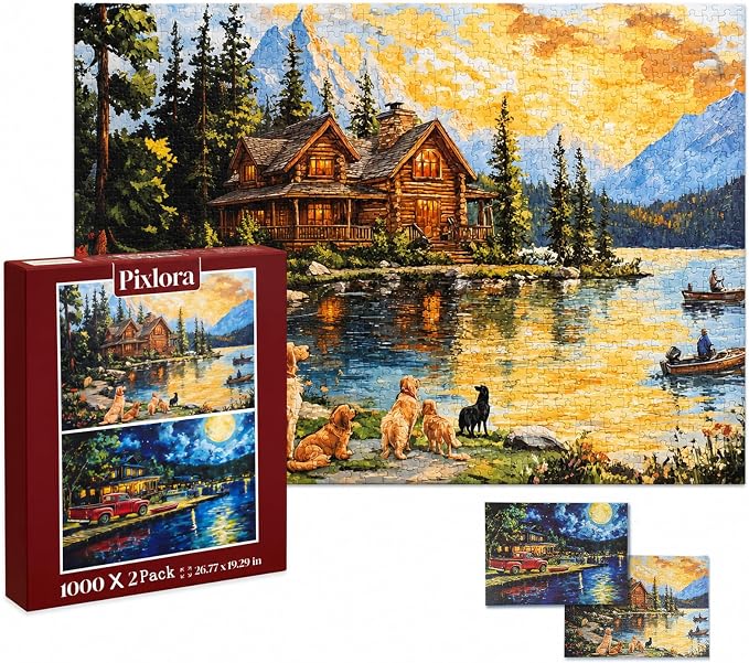 Puzzles for Adults 1000 Pieces, 2 Pack Lake Cabin and Moonlight Jigsaw Puzzles by pixlora