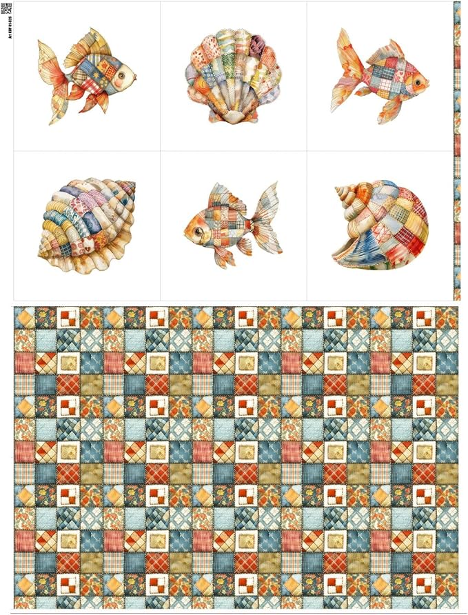 Patchwork Fish Cotton Fabric Panel – 6 Designs + Bonus Sheet 29.5×19.6 inch by FabricsTown