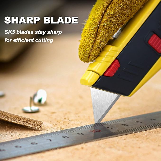 TOPLINE Heavy Duty Auto-Loading Utility Knife, Safety Box Cutter Knife for Quick Blade Change, Box Cutter Retractable with Blade Storage, 5-Piece SK5 Blades Included