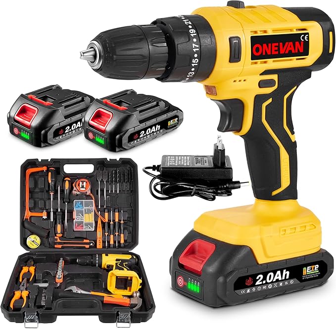 21V Power Drill Set with LED Digital Display, 118PCS Cordless Drill Kit with 2 x 2.0Ah Battery, Tool Set with Electric Drill, 0-1600RMP, Power Tool Kit for Men Women Office Repair Maintain