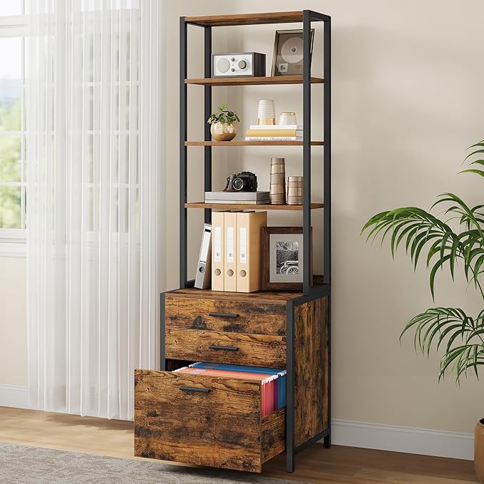 VASAGLE File Cabinet, Home Office Filing Cabinet with Height-Adjustable Open Shelves, 3 Drawers, for A4, Letter-Size Hanging File Folders, Steel Frame, for Home Office, Rustic Brown UOFC078B01