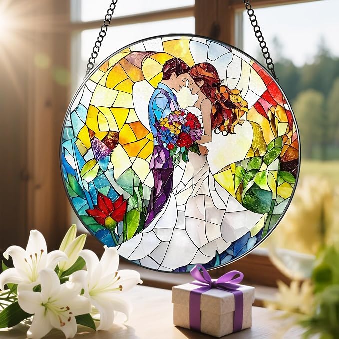 8'' Romantic Couple Wedding Sun Catcher Ornament, Stained Glass Window Hanging - Image 6