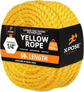 Yellow Twisted Polypropylene Rope, 1/4" Thickness x 50' Length Heavy Duty Poly Ropes for Outdoor and Marine Use, Yellow Rope for Visibility & Safety