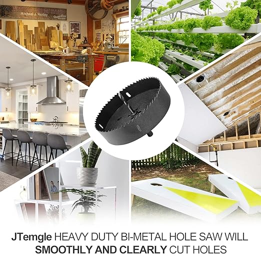 6-1/8 Inch Hole Saw with 1/2" Hex Shank Quick Change Arbor, JTemgle Bi-Metal Hole Saw Heavy Duty Hole Cutting Tool for Cornhole Boards, Recessed Lights, Wood, Plastic, Drywall & Soft Metal