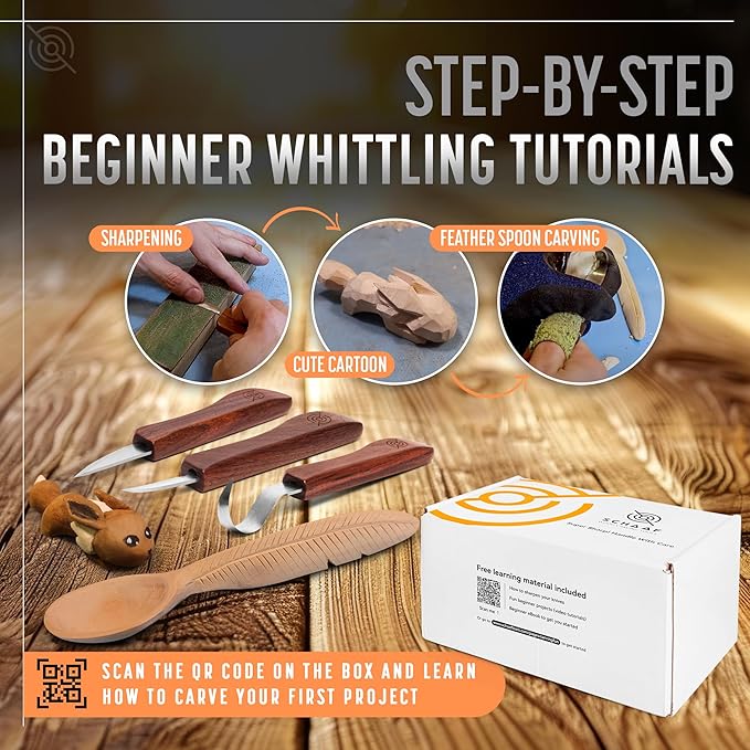 Beginner-Friendly Wood Carving Kit, 3pc Whittling Knife Set with Wood Carving Knives, Spoon Carving Knife, Basswood Blocks, & Fun Learning Videos, Wood Whittling Kit for Beginners from Schaaf Tools