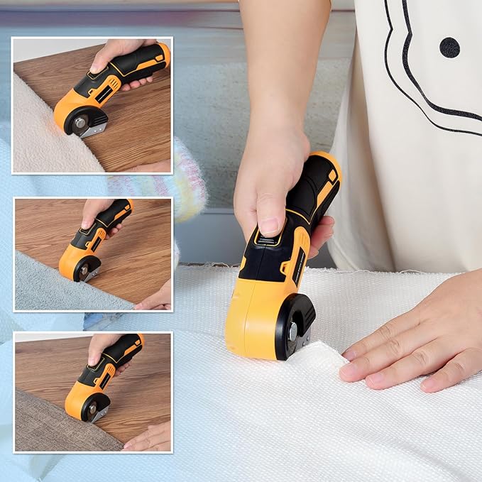 jomeda Cordless Electric Scissors, 4 V Rechargeable Rotary Cutter with Rechargeable LED Light, Safety Lock for Cutting Fabric, Cardboard, Leather, Carpet and PVC Boxes，Yellow