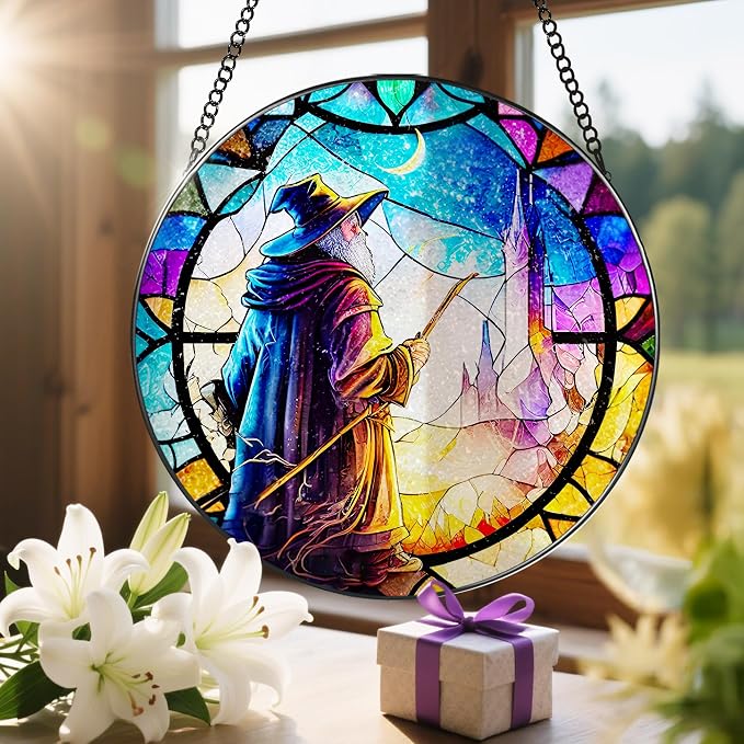 Stained Glass Window Hanging, LAOWEIKI 8'' Witch Suncatcher, Stained Glass - Image 6
