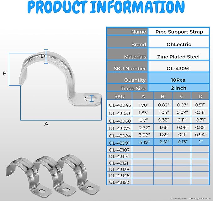 OhLectric 1 Hole 2 Inch Pipe Strap - Reinforced Rib for Extra Strength - Zinc-Plated Steel Pipe Strap Clamp for Rigid & IMC Conduit - Snap-On Installation - Pack of 10; OL-43091