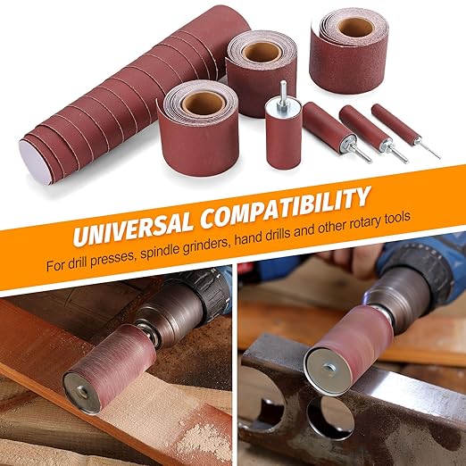 POLIWELL 8-Piece Sanding Drum kit with Four 3-metre Rolls of Sandpaper (80, 120, 240, 320) Drum Sander for Drill and Press Drilling Machines, Mould Grinding Machine