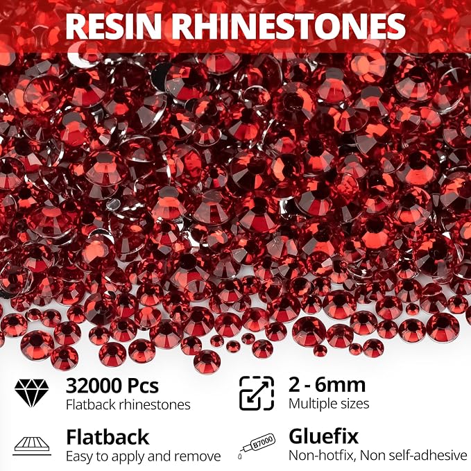 32000Pcs Red Rhinestones for Bedazzling, Siam Assorted Sizes 2-6MM Flatback - Image 2