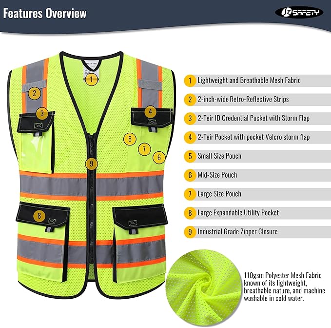 JKSafety Hi Vis Reflective Safety Vests for Men Women High Visibility Vest with Pockets Mesh Fabric Construction Safety Apparel Neon Vest for Work (220-Yellow 4XL)