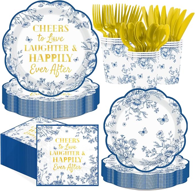 168Pcs Blue Floral Plates Blue Toile Scalloped Plates and Napkins Serves 24 | by Greencian