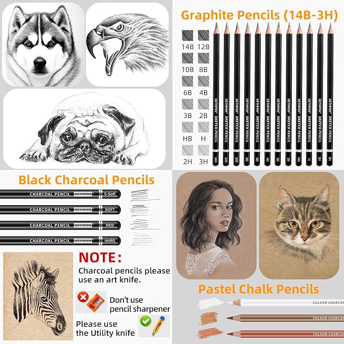 GETHPEN 34Pcs Sketch Drawing Kit, Graphite 14B-4H Charcoal Pencils Sticks | - Image 3