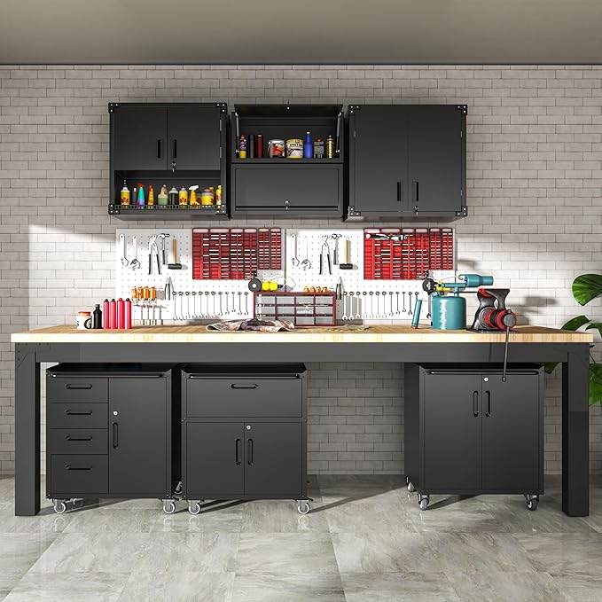 Metal Tool Storage Cabinet for Garage,Mobile Heavy Duty Garage Tool Chests & Cabinets with Lockable Doors,Black Rolling Tool Cabinets with Wheels,Assembly Required