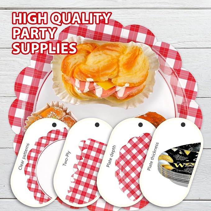 168 Pcs Red Gingham Checkered Party Supplies Scalloped Red and White Checkered - Image 3