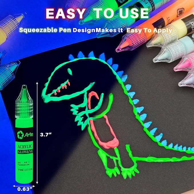 Artecho Glow in the Dark Acrylic Paint Set – 18 Colors x 11ml | Non-Toxic - Image 6