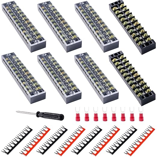 Terminal Block (8 Sets) 8Pcs 10 Positions Dual Row 600V 25A Screw Terminal Strip Blocks with Cover&8Pcs Pre-Insulated Barrier Termina Block Strip&80Pcs Insulated Fork Wire Connector