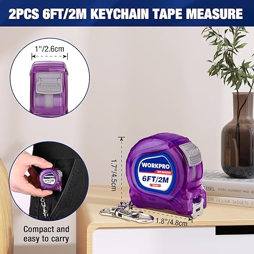 WORKPRO Keychain Tape Measure, 6FT Retractable Easy Reading Mini Tape Measurement, Inch/Metric Scale Pocket Size Small Tape Measure for Engineer, Lightweight, ABS Protective Casing, 2 Pcs, Purple