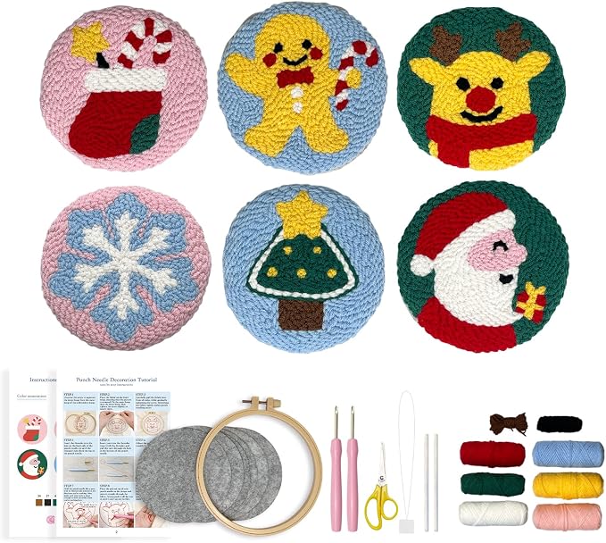 Christmas Punch Needle Kit for Adults Beginners, Easy Punch Embroidery Coaster by PunchBloom