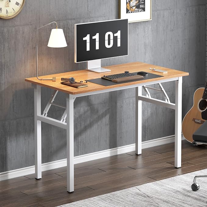 Need Small Folding Computer Desk, 39.4 Inch Writing Table, Teak & White | - Image 7